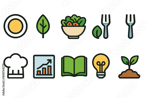 Food, nature, and gardening icon set. Fork, leaf, plant, cooking icons outline style