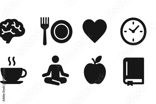 Health and wellness silhouette icon set. Mindfulness, nutrition, lifestyle silhouette icons