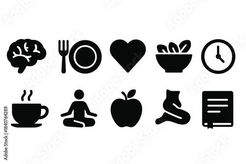 Health and wellness silhouette icon set. Yoga, nutrition, and relaxation icon collection.