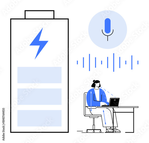 Energy efficiency concept. Visualizing energy optimization with battery, waveforms, and voice recognition. Energy efficiency supports smart devices, AI, remote work, and IoT. Applications include