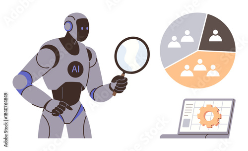 Futuristic AI robot observing data with a magnifying glass, next to a pie chart on teamwork and demographics and a laptop showing mechanical concepts. Ideal for AI, data analysis, future technology