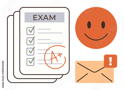 Exam sheet with A grade and checkmarks, email alert, and happy face communicating success. Ideal for education, achievement, feedback, notification, success progress communication. Simple flat