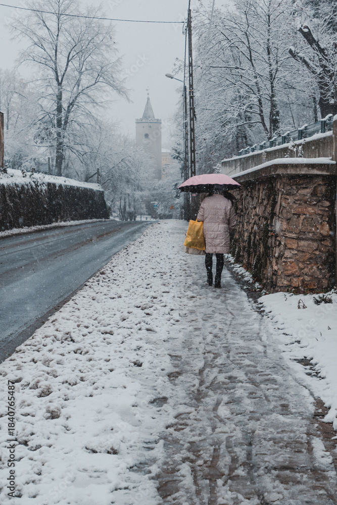 Fototapeta premium woman with umbrella in winter