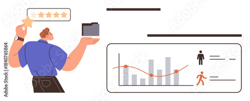 Man holding a star and folder, analyzing bar graph with icons. Ideal for business strategy, team management, performance review, customer satisfaction, analytics, leadership, simple flat metaphor
