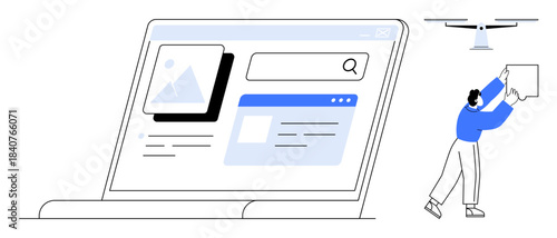 Digital workspace concept. Digital tools thumbs up search engines and data integration enhancing modern productivity. Digital workspace enabling streamlined remote work and workflow automation