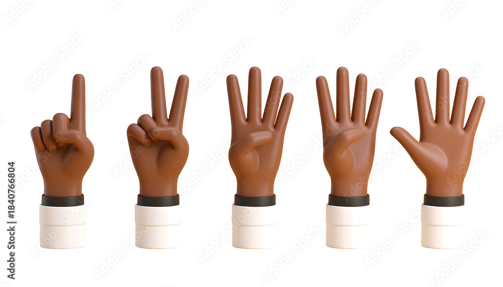 Obraz premium Rendered hands displaying the numbers one through five, against a solid black background