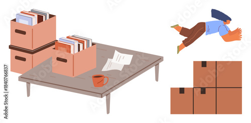 Stacks of boxes with books on a table, mug, papers, and a person leaping near stacked cartons. Ideal for storage, moving, organizing, creativity energy logistics teamwork. Simple flat metaphor