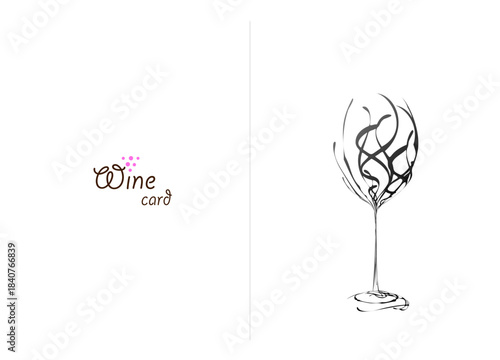 Elegant abstract wine glass vector sketch with swirling lines and calligraphy text for restaurant menu card, luxury winery tasting invitation design, artistic alcoholic beverage illustration.