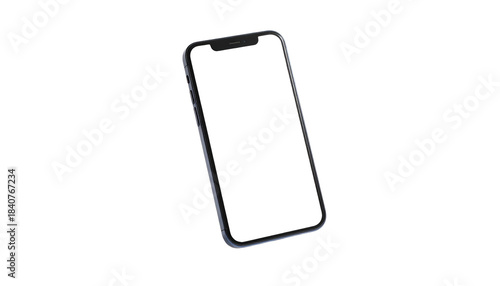 Angled, modern smartphone with a dark screen, floating against a solid black background