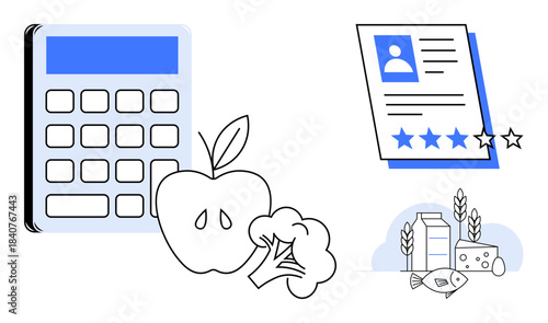 Calculator, apple, broccoli, user review card, and healthy food icons thumbs up milk, fish, and grains. Ideal for nutrition, health wellness diet planning food quality user reviews healthy