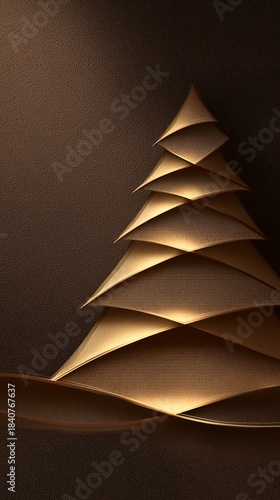 Abstract golden layered paper Christmas tree design on dark brown texture background