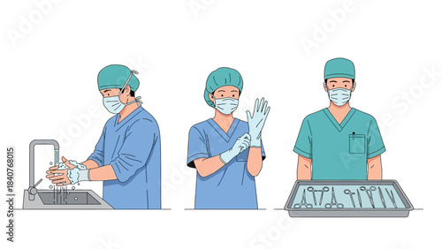 Three medical professionals in scrubs and masks preparing for surgery with surgical tools.