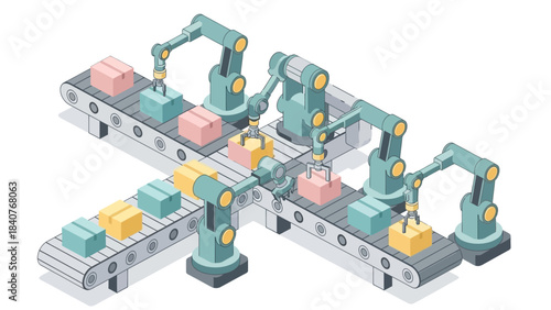 Isometric illustration of robotic arms assembling colorful boxes on conveyor belts in a factory setting.