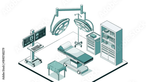 Isometric view of a hospital room with medical equipment and a transparent, sparkle-effect lighting system.