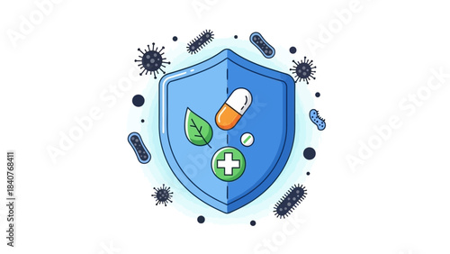 Flat illustration of a blue shield with a pill, leaf and medical cross surrounded by germs on a white background.