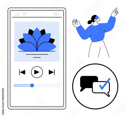 Mobile app screen with meditation flower, media controls, communication icons with check mark, and woman using VR. Ideal for mindfulness, self-care, virtual tech, communication, health apps