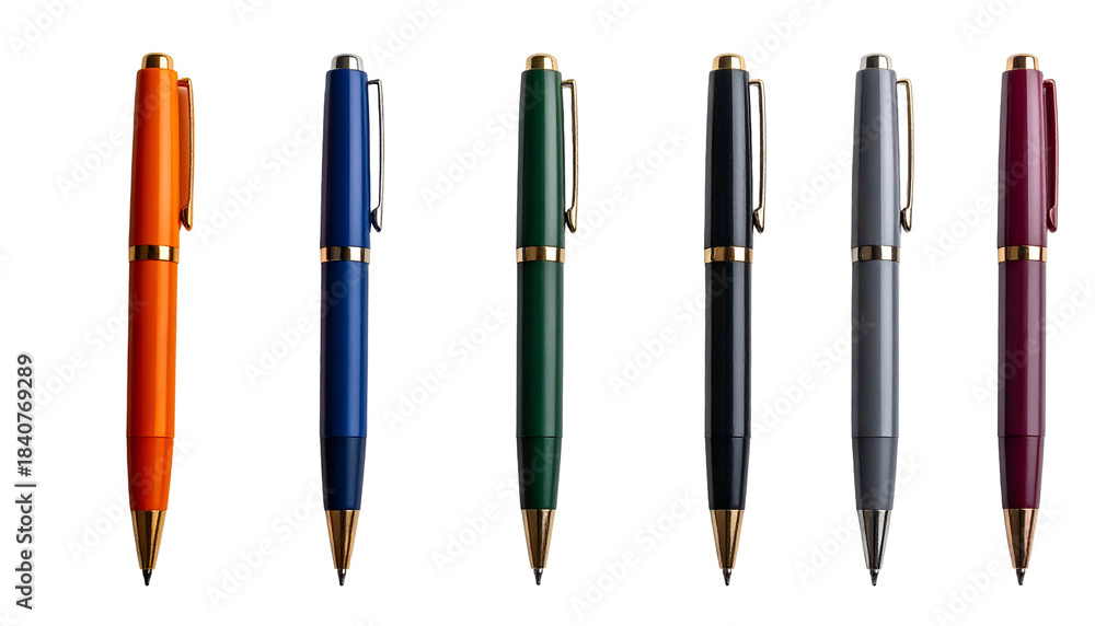 Fototapeta premium Six elegant, colorful fountain pens with gold accents against a stark black background