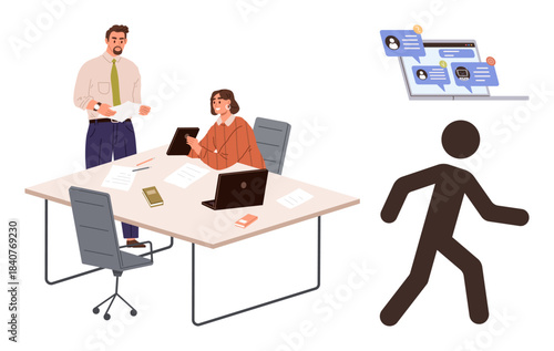 Colleagues collaborating at a desk with laptops and documents, digital messages, and a walking person icon. Ideal for teamwork, communication, workflow, office routine, organization, productivity