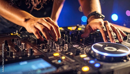 Close-up of DJ hands mixing music on professional audio mixer console with vibrant lights at a nightclub event.