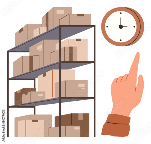 Storage shelves filled with boxes, a clock representing time management, and a hand emphasizing punctuality. Ideal for logistics, planning, supply chain, inventory management, time tracking, task