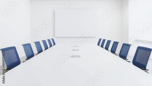 LED TV installed to the white wall of the meeting room with black ip phone on the table 