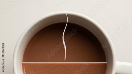 Close up of a steaming cup of hot chocolate with a delicate wisp of steam rising from the rich brown liquid isolated on white background