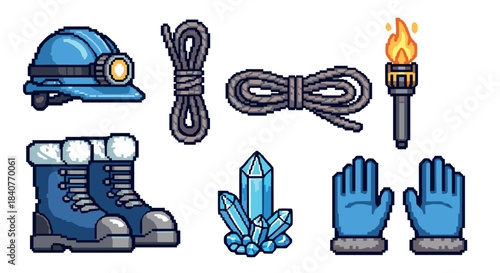 Pixel art set of mining and exploration equipment including a helmet, rope, torch, boots, crystal, and gloves in a retro 8-bit video game style illustration