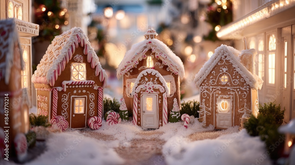 Fototapeta premium Gingerbread houses with festive decorations in a wintery scene holiday concept