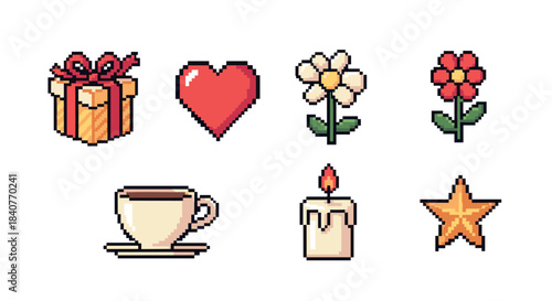 Set of colorful pixel art game icons featuring a gift box, heart, flowers, coffee cup, candle, and star in a retro 8-bit video game style illustration for digital assets