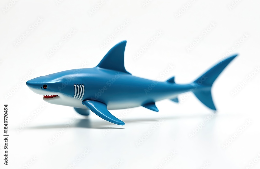 Obraz premium Blue toy isolated on white background. Fierce plastic predator with sharp teeth and fins. Small cartoon sea creature, often used for kids play.