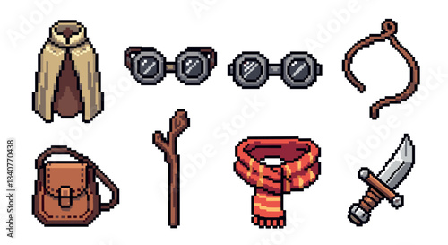 Detailed pixel art set of adventurer equipment including a hooded cloak, goggles, dagger, rope, and satchel for a retro fantasy RPG video game character
