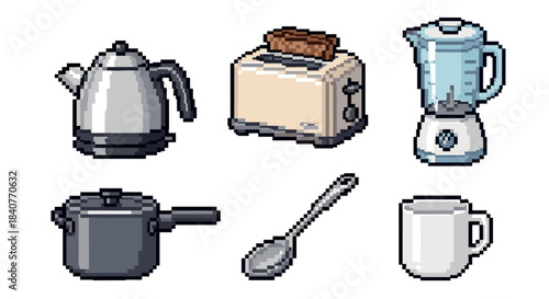 Set of six pixel art kitchen items including a kettle, toaster, blender, saucepan, spoon, and mug in a retro 8-bit video game style illustration for household concepts