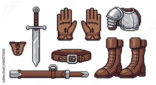 Pixel art set of medieval warrior equipment including a sword, armor, boots, gloves, and belt for a fantasy RPG video game character, detailed 8-bit style illustration