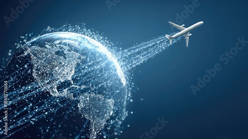 an airplane in flight amidst a network of digital connections that suggest a global reach