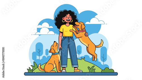 Happy woman with curly hair enjoying time outdoors with two golden retriever dogs in a park setting, concept for pet care website, animal lover blog and veterinary service promotion