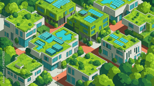 Isometric view of modern city buildings with green roofs and solar panels, concept for sustainable urban planning, ecological real estate development, and renewable energy solutions