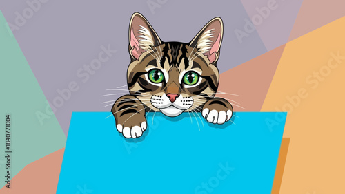 Cute cartoon tabby cat peeking over bright blue banner with copy space, concept for pet store promotion, animal adoption campaign and cute merchandise design