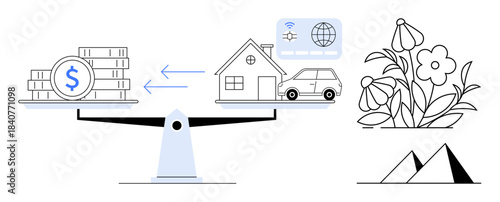 Sustainable living, wealth management, investment strategies, real estate economy, environmental balance, financial equity. Scales balance coins with a house, car flowers and landscapes. Wealth
