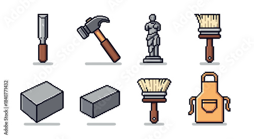Pixel art icon set of sculpting tools including a chisel, hammer, statue, and paintbrush in a retro 8-bit video game style with simple, clean outlines and flat colors