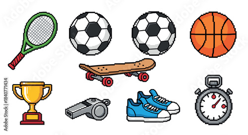 Collection of pixel art sports equipment icons including a soccer ball, basketball, trophy, and skateboard in a retro 8-bit video game style illustration set