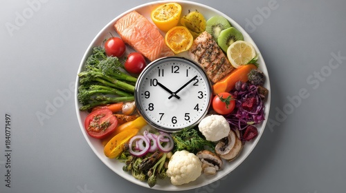 a healthy meal is presented on a plate, including fish, vegetables such as broccoli and carrots, and a salad with various ingredients