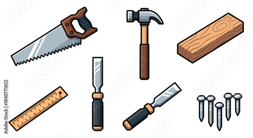 Cartoon collection of woodworking carpentry tools including a saw, hammer, wood plank, ruler, chisels, and nails in a bold outlined illustration style for DIY projects