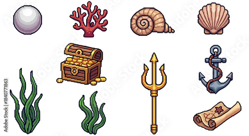 Pixel art collection of underwater treasure items featuring a gold-filled chest, trident, pearl, anchor, map, coral, and seashells in a classic video game style