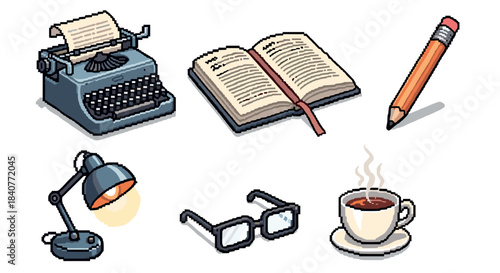 Pixel art set of writer's tools including a vintage typewriter, open book, pencil, lamp, glasses, and coffee, illustrated in a charming retro 8-bit isometric style