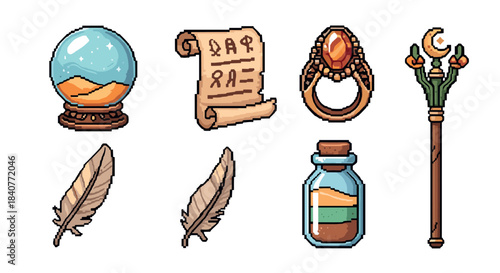 Set of pixel art magic items for a fantasy RPG game, including a crystal ball, scroll, ring, staff, potion bottle, and feathers in a retro 8-bit video game style