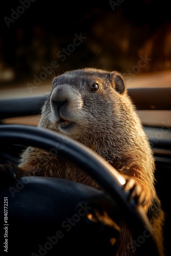 Groundhog Behind the Wheel of a Car at Sunset – Ideal for Humorous Ads, Road Safety Campaigns, and Groundhog Day Promotions