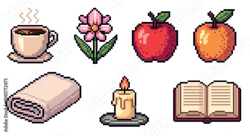 Cozy collection of pixel art icons featuring a steaming coffee cup, a flower, apples, a towel, a candle, and a book in a charming retro 8-bit video game style for relaxation