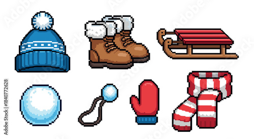 Pixel art set of winter clothing and accessories including a beanie, boots, sled, snowball, mitten, and scarf, rendered in a classic 8-bit retro video game style