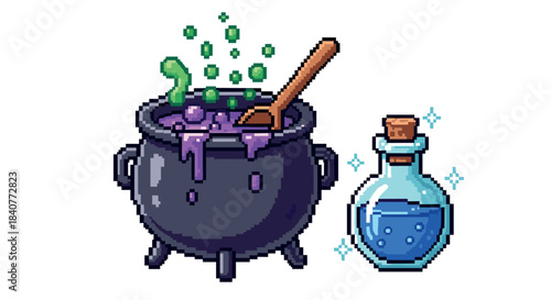 Pixel art illustration of a witch's cauldron bubbling with purple potion and a sparkling blue magic elixir in a bottle, representing alchemy and sorcery in a retro video game style
