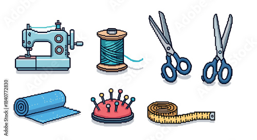 Pixel art set of sewing and tailoring tools including a machine, scissors, thread, fabric, pincushion, and measuring tape in a charming 8-bit retro video game style